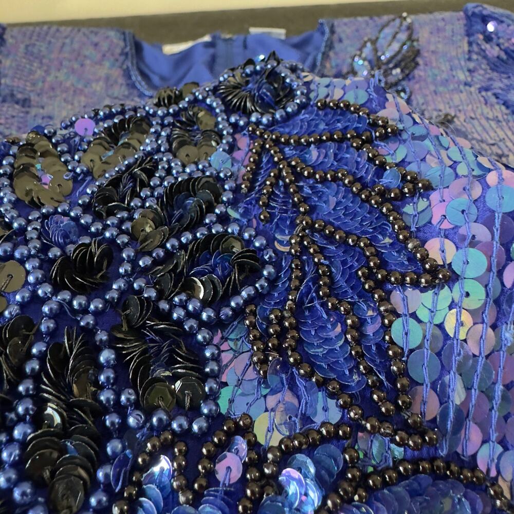 Stenay Cobalt Blue Hand-Beaded Silk Top - Sequin Vintage Glam - Handmade - XL - Picture 7 of 16